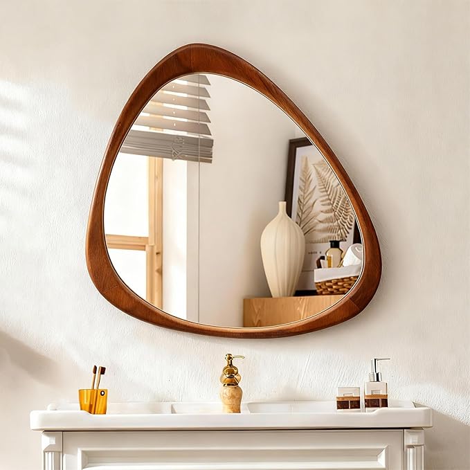 Asymmetrical Mirror, 24"x19" Unique Irregular Wall Mirror, Wood Mid Century Modern Mirror Decor for Bathroom Bedroom Living Room Entryway Hallway (Natural Wood)