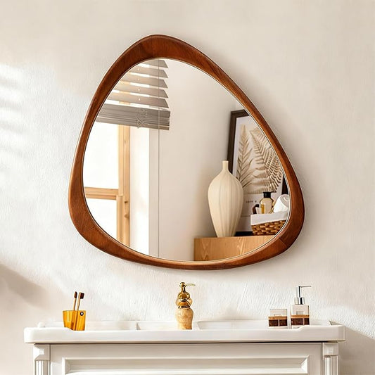 Asymmetrical Mirror, 24"x19" Unique Irregular Wall Mirror, Wood Mid Century Modern Mirror Decor for Bathroom Bedroom Living Room Entryway Hallway (Natural Wood)