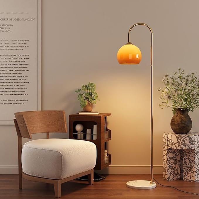 MIXL-Gradient Orange Shade Arc Floor Lamp,Gold Standing Light with Marble Base,Mid Century Modern Standing Lamps for Living Room Bedroom