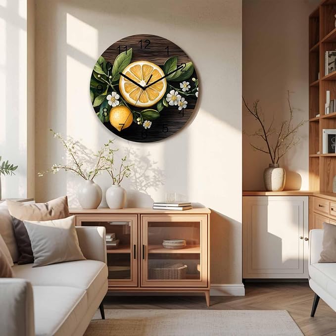 Lemon Flowers Wall Clock Battery Operated Non-Ticking 12" Round Wood Clocks, Vintage Style Kitchen Wall Clock for School Bathroom Living Room Home Office Wall Decor