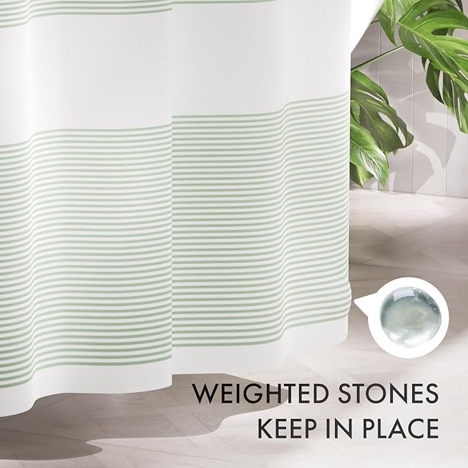 AmazerBath Shower Curtain, Washable Cloth Sage Green with 12 Shower Curtain Hooks, Fabric Green and White Striped Set, Farmhouse Bathroom Shower Curtain, 72x72 Inches