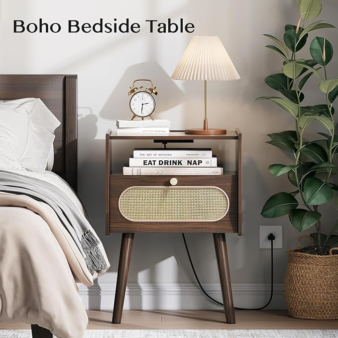 Nightstands Set of 2, Rattan Night Stand set 2 with Charging Station, Mid Century Modern Bedside Table with Drawer, Boho End Table with Solid Wood Legs, Bed Side Table for Bedroom, Small Space, Walnut