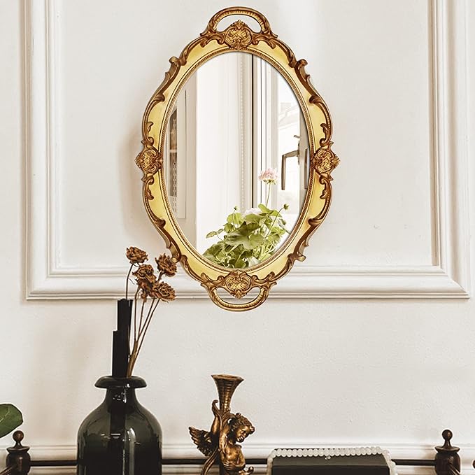 Eaoundm 14.5 x 10 inchs Oval Antique Decorative Wall Mirror Vintage Hanging Mirror (Gold 2 Pcs)