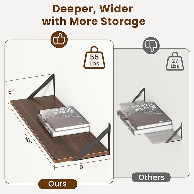 Floating Shelves with Black Metal Brackets Set of 2,30" Wx8 D Wall Mounted Shelves Floating Bookshelf,Hanging Storage Shelf for Living Room,Bedroom,Bathroom,Office,Walnut