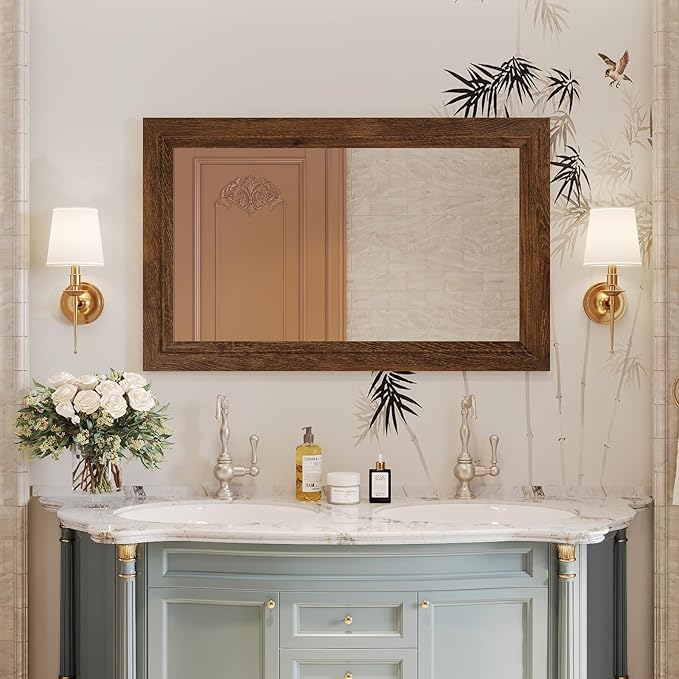 Rustic Wall-Mounted Vanity Mirror, Solid Wood Frame Bathroom Mirror, Farmhouse Style for Living Room, Bedroom, Entryway, Horizontal/Vertical Hanging