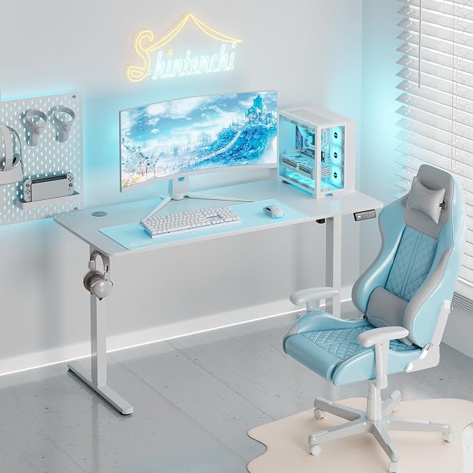 Shintenchi Standing Desk, 55x24 Inch Height Adjustable Electric Sit Stand up Desk, Ergonomic Rising Computer Table, Modern Lift Gaming Desk Workstation for Home Office, White