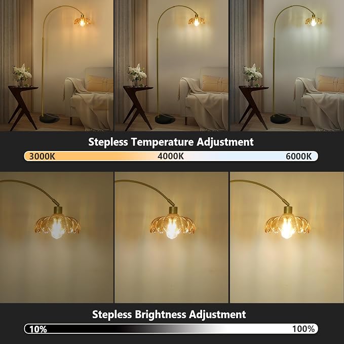 Gold Floor Lamp for Bedroom, Arc Floor Lamp with Remote & LED Bulb, Flower Standing Lamps for Living Room, Glass Corner Tall Lamp, Mid Century Modern Floor Lamps, Arched Stand Up Lamp (Amber)