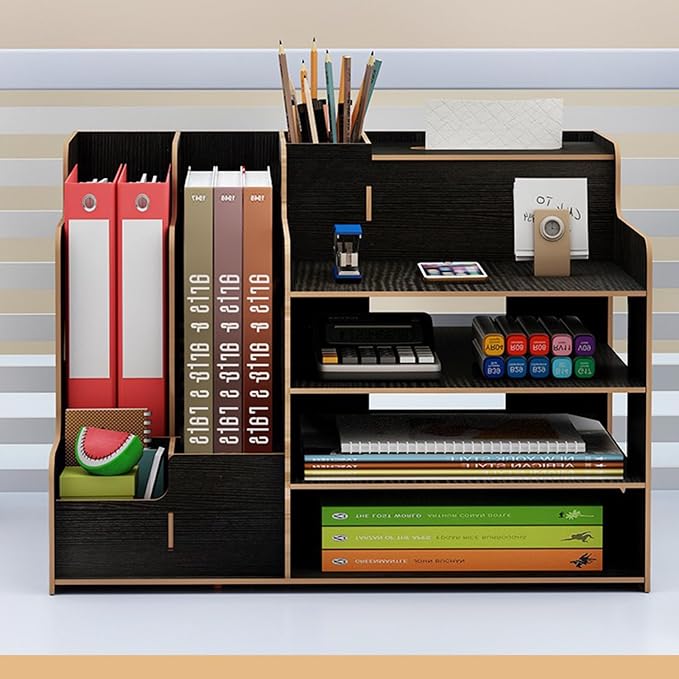 Bamboo Desk Organizer, Desktop Wood Bookshelf File Organizer, Pen Holder and Tissue Holder, 1 Drawer with lock for Office, Home, Need to Install (Light black)