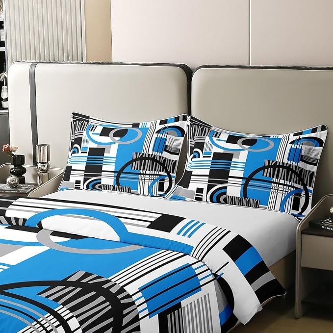 Erosebridal Art Deco Mid Century Duvet Cover Set Retro Modern Abstract Geometric 100% Cotton Comforter Cover Black and White Blue Circles Stripes King Bedding Set, Contemporary Bed Sets