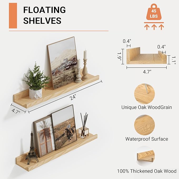 Vivelove Oak Floating Shelves Wall Mounted Set of 2, Rustic Large Wall Shelves for Storage with Lip, Display Picture Ledge with Lip for Storage, Bedroom, Living Room, Bathroom,Nursery Display