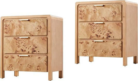 COZAYH Set of 2 Burl Finish 3 Drawer Nightstand, Wood Rustic Farmhouse Dresser, Vintage Accent Storage Bedside Table for Bedroom Entryway, Fully Assembled, Natural
