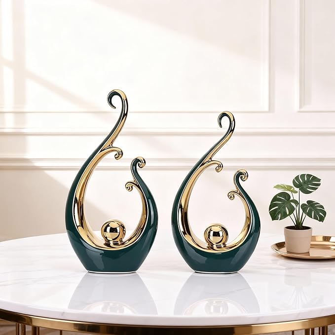 DOVDOV Green and Gold Home Decor, Abstract Ceramic 2-Piece Sculpture Set, Modern mid-Century Art Statues, Perfect for Accent Tables, countertops, Coffee Tables, and entryway Decor.