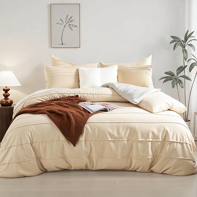 NEXHOME PRO 100% Organic Cotton Duvet Cover Twin, Linen Like Pleated Duvet Cover Set Yellow Tan, 2pc Organic Bedding Set with Zipper Closure, Soft, Lightweight and Breathable(68"x90", No Comforter)