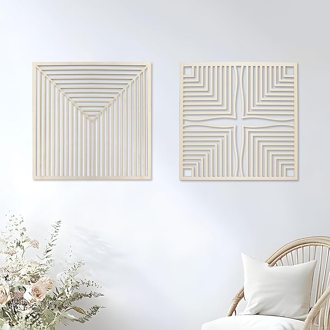 Homenthus 2 Pcs Abstract Wood Wall Art, Mid Century Modern Geometric Wood Wall Decor Minimalist Wooden Wall Art Decor Panels for Boho Living Room Bedroom Kitchen Dining Room Office Home Wall Decor