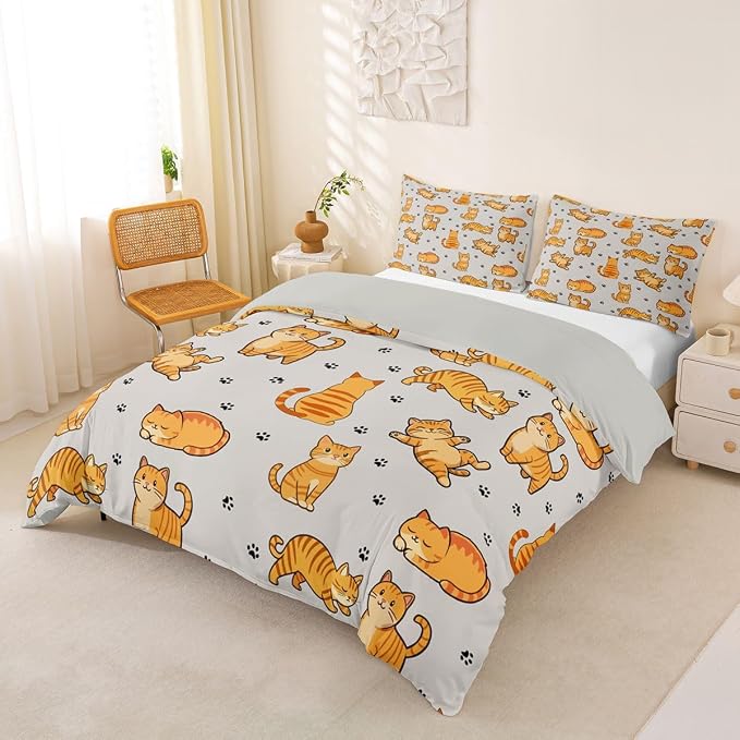 Erosebridal Cats Duvet Cover Twin Cute Kitten Bedding Set Cartoon Pets Animals Comforter Cover for Kids Girls Boys Adults Paw Print Bed Set