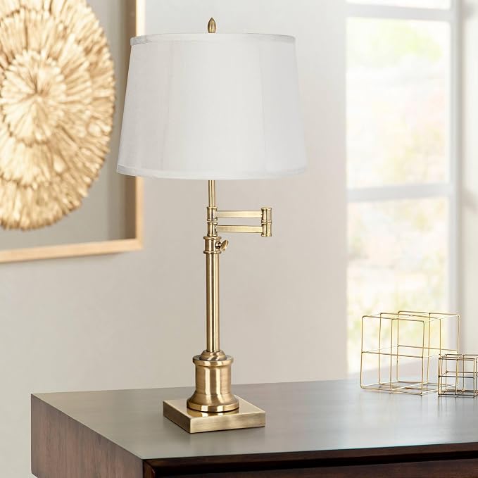 360 Lighting Westbury Traditional Swing Arm Desk Table Lamp Adjustable 36" Tall Antique Brass Beige Fabric Drum Shade for Living Room Bedroom House Bedside Nightstand Home Office Reading