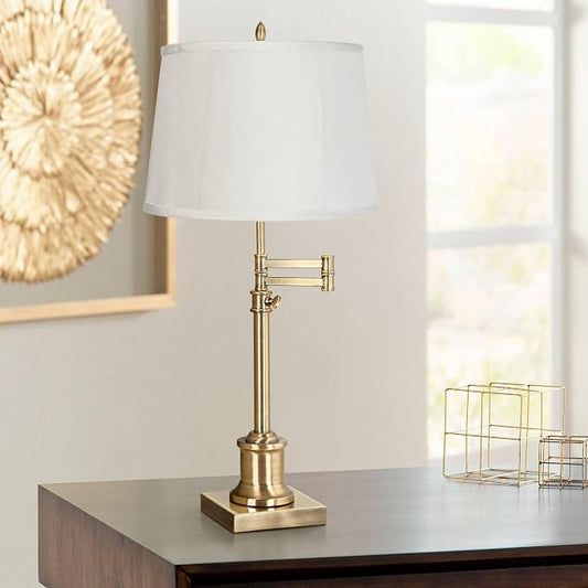 360 Lighting Westbury Traditional Swing Arm Desk Table Lamp Adjustable 36" Tall Antique Brass Beige Fabric Drum Shade for Living Room Bedroom House Bedside Nightstand Home Office Reading