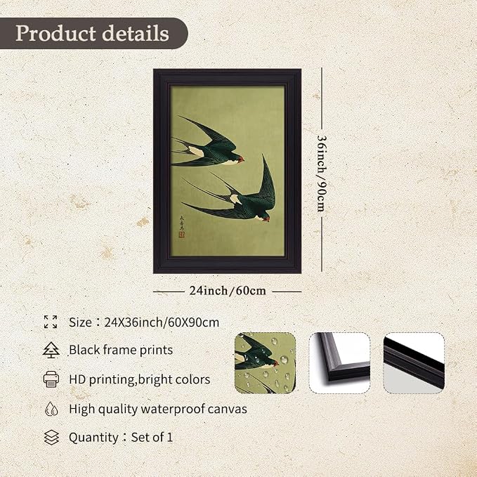 Vintage Framed Japanese Flying Swallow Wall Art Asian Japandi Bird Animal Poster Nature Vintage Green Canvas Prints for Living Room Bedroom Home Decor 24x36 inch