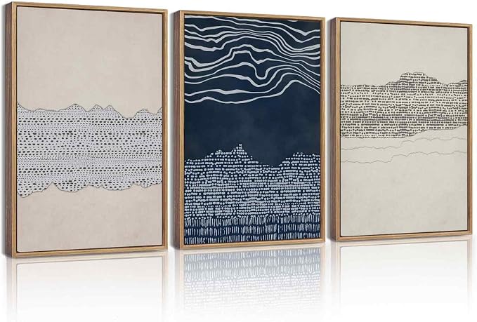 KUVIOKE Navy Blue Abstract Shapes Framed Canvas Wall Art Minimalist Wooden Pastel Boho Wall Decor Modern Neutral Farmhouse Rustic Art Painting for Bedroom Dining Room 12x16in (Natural Framed)