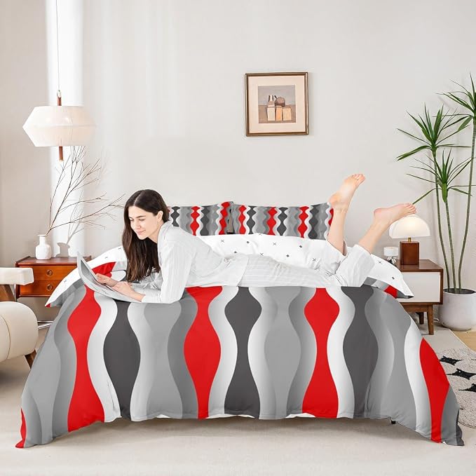 Red Black Grey Bedding Set Retro Geometric Comforter Cover Mid Century Modern Decor Duvet Cover for Kids Boys Girls Teens Abstract Stripe Breathable Bedspread Cover Room Decor Twin Size (No Comforter)