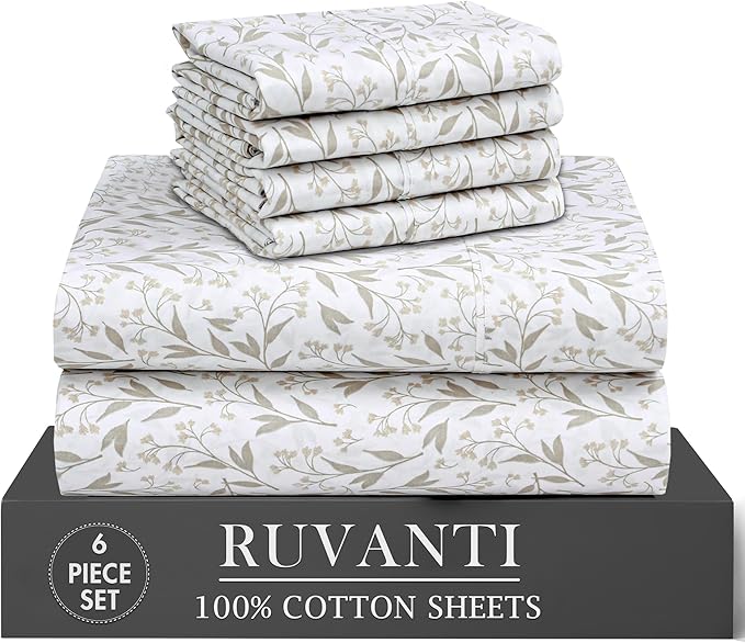RUVANTI 100% Cotton Percale Sheets Queen Size 6 Piece Set, Cooling Bed Sheets for Hot Sleepers, Deep Pocket 16”, Breathable Lightweight & Durable, Crisp Hotel Style Sheets, Botanica Living