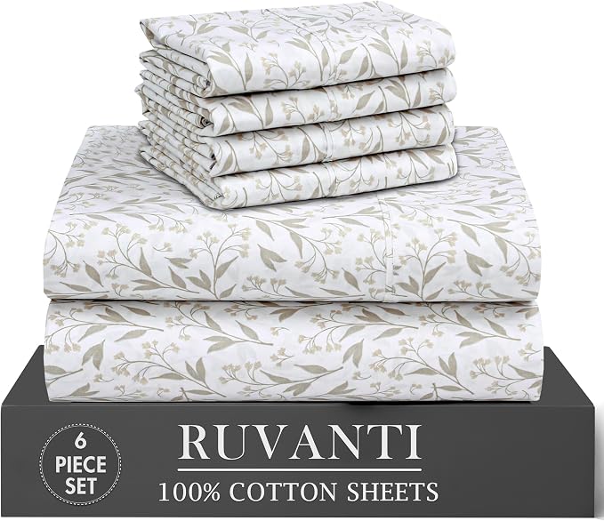 RUVANTI 100% Cotton Percale Sheets King Size 6 Piece Set, Cooling Bed Sheets for Hot Sleepers, Deep Pocket 16”, Breathable Lightweight & Durable, Crisp Hotel Style Sheets, Botanica Living