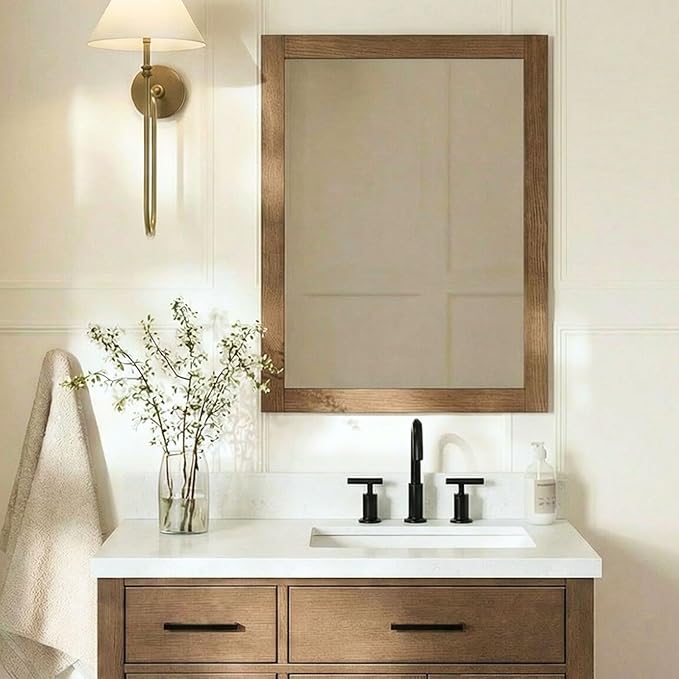 ARIEL Rectangular Wooden Mirror 24" x 32" in Brown Oak, Flexible Horizontal/Vertical Hanging for Bathroom, Vanity, Entryway & Living Room Decor, Farmhouse Style