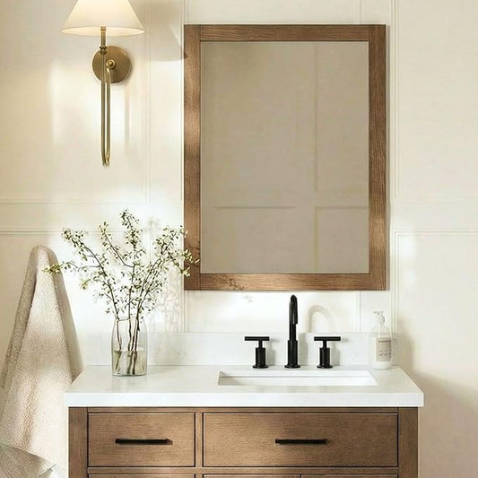 ARIEL Rectangular Wooden Mirror 24" x 32" in Brown Oak, Flexible Horizontal/Vertical Hanging for Bathroom, Vanity, Entryway & Living Room Decor, Farmhouse Style