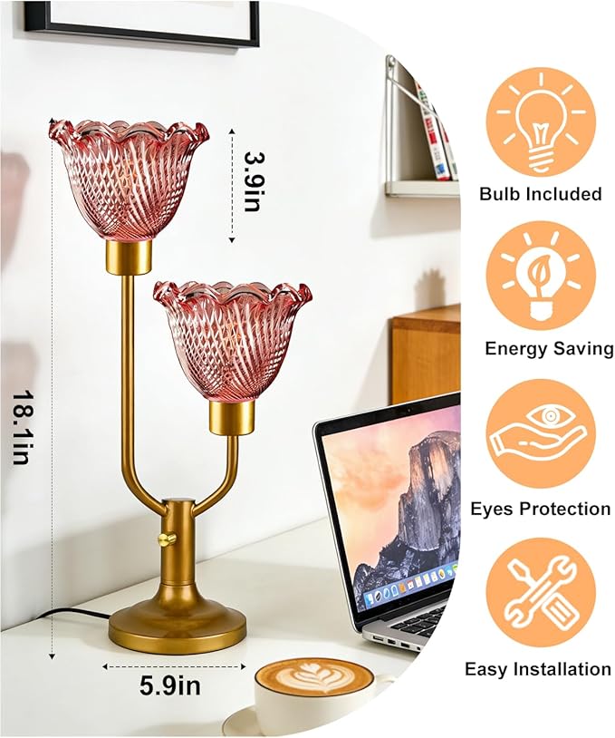 Lightdot Flower Glass Red Table Lamp Dimmable Mid Century Modern Vintage Gold Desk Lamp Nightstand Lamp 2 Bulbs Included Warmwhite Ambient Bedside Lamps for Living Room Bedroom Home Office Decor Gift
