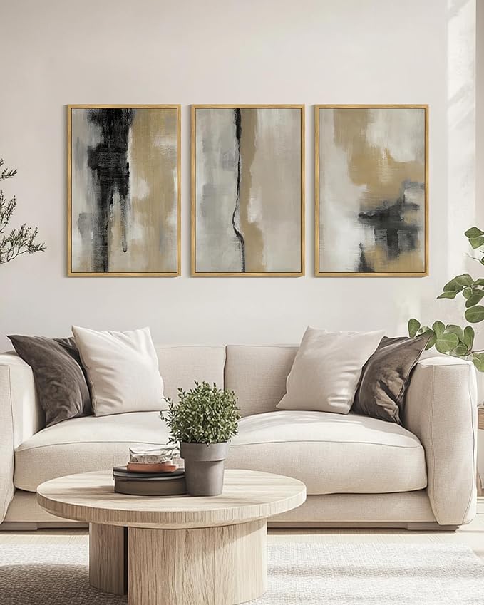 KUVIOKE Black Gray Abstract Framed Wall Art Neutral Wall Decor Minimalist Modern Illustrations Art Print for Living Room Bedroom 24x36in (Natural Framed)