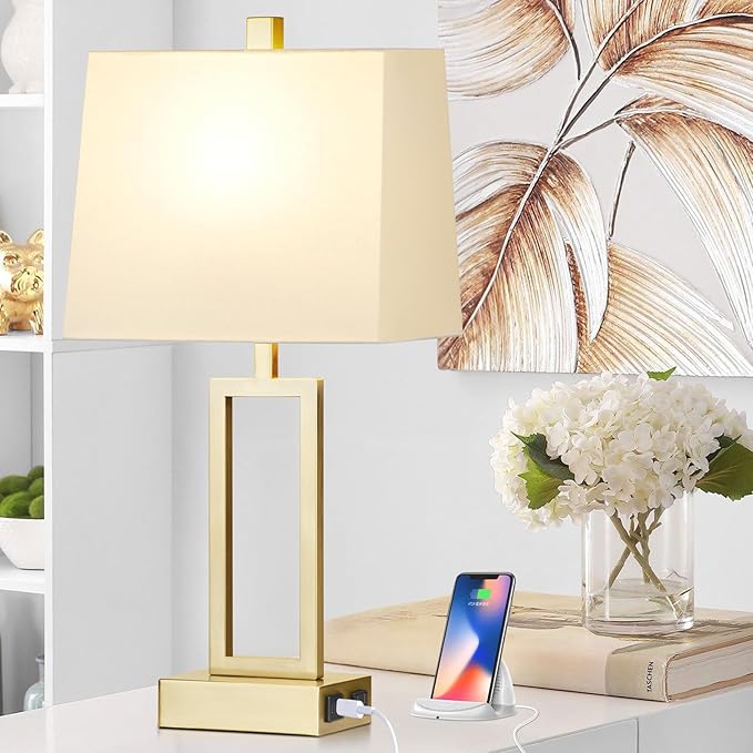 23.5" Touch Control Table Lamps, Metal Bedside Lamp for Bedroom Set of 2 with USB A+C Ports & AC Outlet, 3-Way Dimmable Nightstand Lamp for Living Room (LED Bulb Included)