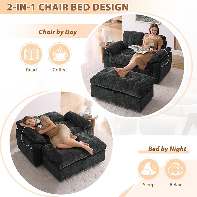 Oversized Chaise Lounge Chair Indoor, Double Convertible Recliner Reading Arm Sofa Chair W/Adjustable Backrest & Charging Port Couch Bed for Living Room, Home Theater & Bedroom, Black