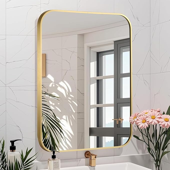 Brushed Gold Mirror, 22"x30" Rectangle Bathroom Mirror, Metal Frame Rectangle Corner Vanity Mirror, Wall Mounted Mirror for Modern, Living Room, Bedroom, Horizontal Or Vertical