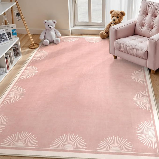 Hedlive Modern 5x7 Pink Area Rugs for Bedroom Girls, Ultra Thin Washable Nursery Rug for Kids Room, Soft Sun Print Toddler Room Rug,Boho Non Shedding Baby Carpets for Classroom Dorm Girls Decor