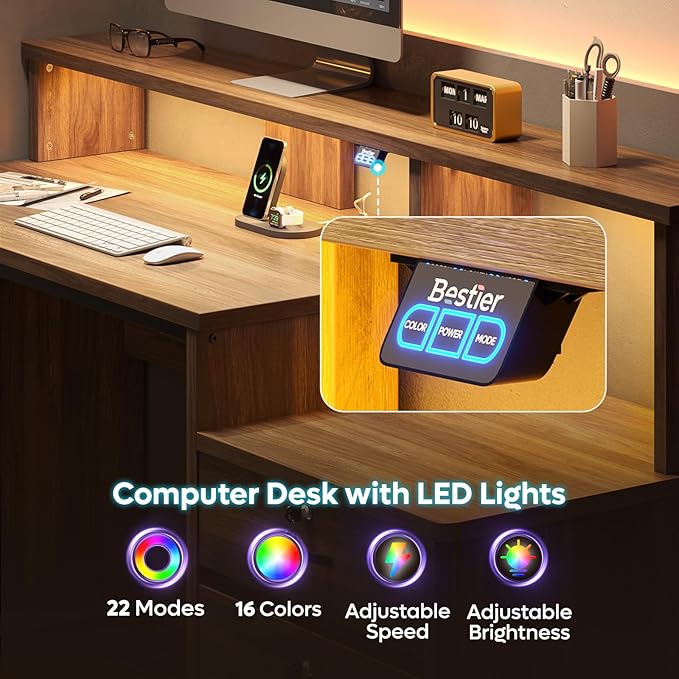 Bestier 55 Inch Wood Computer Desk with Lockable File Drawer, Charging Station & LED Lights - Home Office Desk with Storage Shelves, Printer Shelf & Monitor Stand, Wooden Desk for Study & Work, Walnut