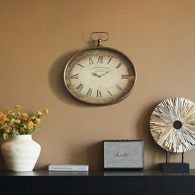 Vintage Decorative Wall Clock - 16 inch, Distressed Gold, Oval Pocket Watch Design, Roman Numerals, Battery Operated, Large Antique Style for Living Room, Kitchen, Bedroom Decor