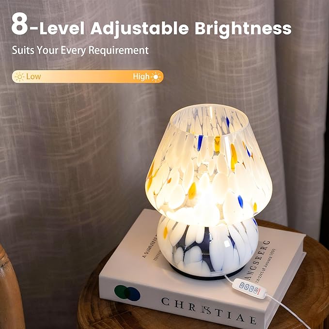 Cordless Mushroom Lamp-Modern Small Battery Operated Table Lamp with Timer for Home Decor,Aesthetic Glass Battery Powered Lamp for Bedroom/Kitchen/Living Room/Shelf Decor(White&Blue)
