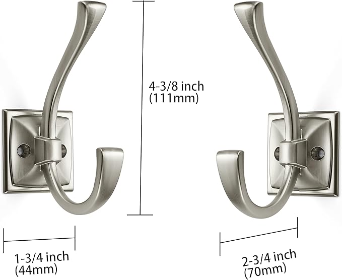 Large Wall Hooks 5 Pack Brushed Satin Nickel Coat Hooks Hardware Towel Hooks for Hanging Coats 4.35 Inch Double Robe Hooks Wall Mounted with Screws for Key, Towel, Bags, Cup, Hat