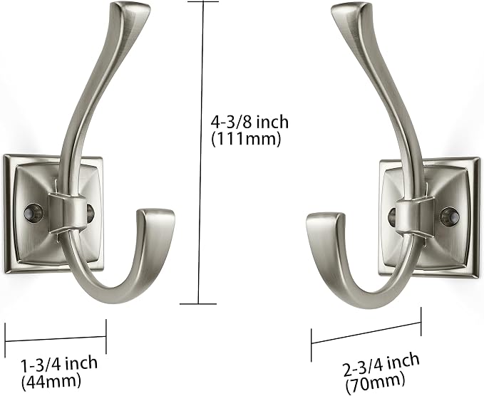 Large Wall Hook Pack, Brushed Satin Nickel, 4.35 Inch Double Robe and Coat Hooks, Towel and Bag Hangers, Wall Mounted with Screws