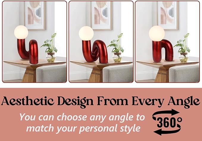 Bauhaus Red Table Lamp Modern Globe Glass Table Light with Glass Shade Resin Aesthetics Light Fixtures for Bedside Bedroom Living Room Kid’s Room Corner Office Cafe