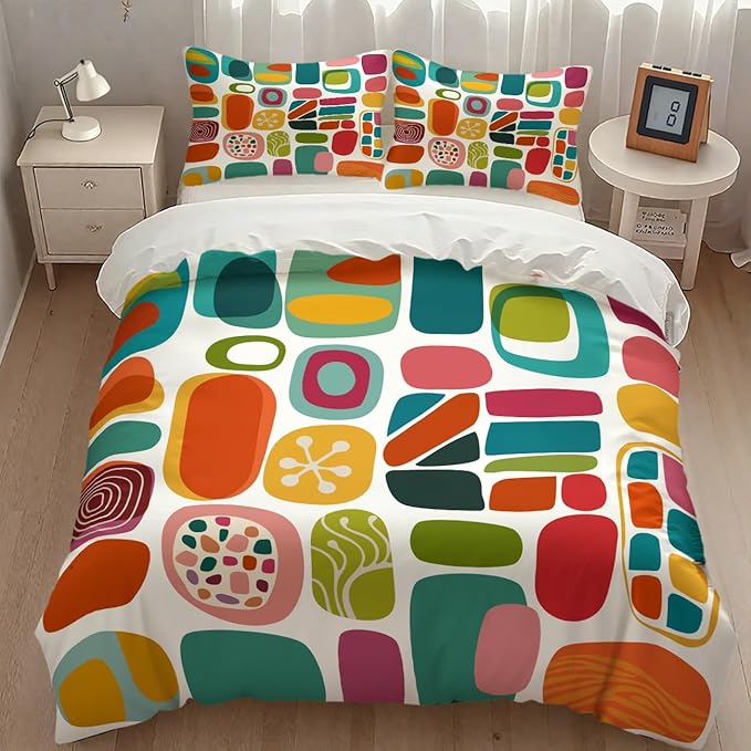 Mid Century Modern Bedding Set,Retro Geometric Colorful Diamond Abstract Geometric Vintage 60s 70s Pattern Comforter Set with Pillowcase for Bedroom Bed Decor,Full 79"x90"