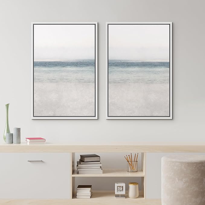 IDEA4WALL Framed Canvas Print Wall Art Set Abstract Beach Shore Ocean Wave Horizon Nature Wilderness Illustrations Modern Art Decorative Coastal Cottage Seascape Minimal for Bedroom - 16"x24"x2 White