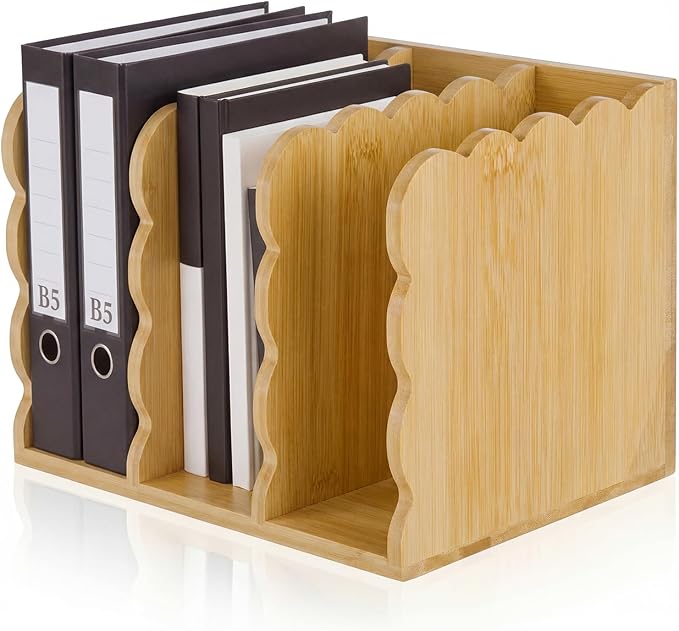Novabright Bamboo File Magazine Holder Desk Organizer, 3 Vertical Compartments Workspace Sorters for Magazines, Binders, Notebooks, Envelopes (Scalloped Edge)