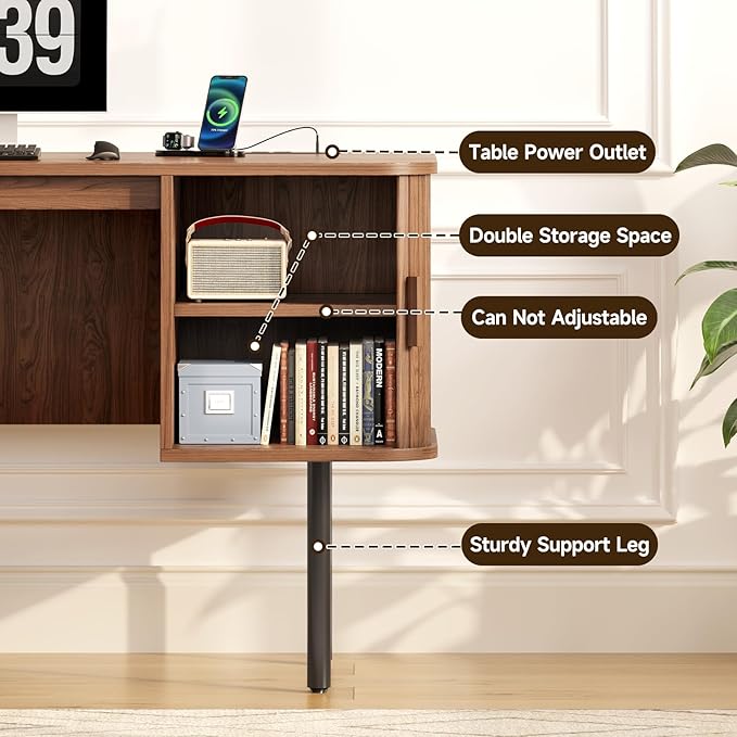 ONBRILL 63 Inch Fluted Computer Desk with Charging Station, Mid Century Executive Desk with 2 Storage Cabinets, Modern Home Office Large Desk with Metal Legs for Working, Studying, Writing, Walnut