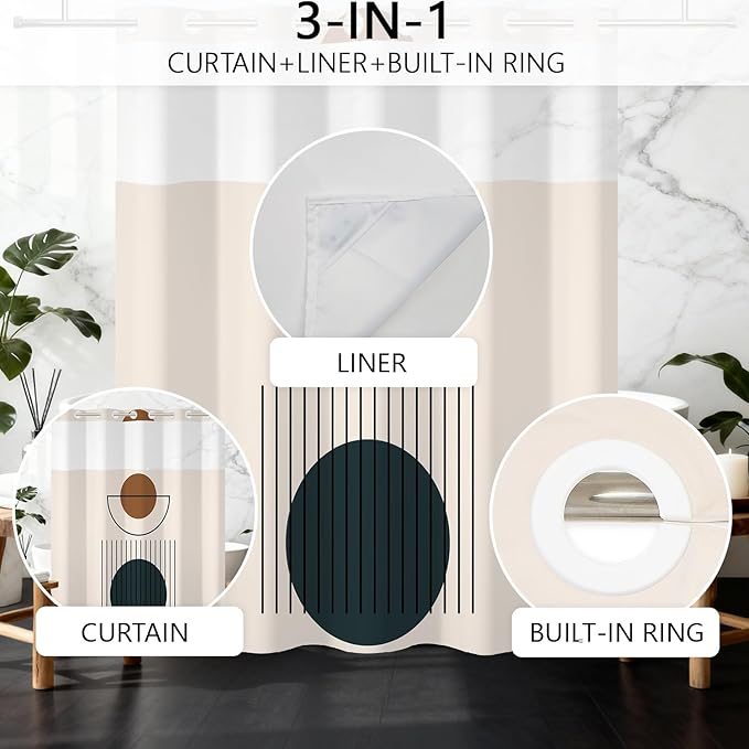 No Hook Boho Shower Curtain with Snap in Liner Set, Modern Geometric Minimalist Pattern, Waterproof Fabric Bath Curtain with Mesh Top Window, 71x74 Inches
