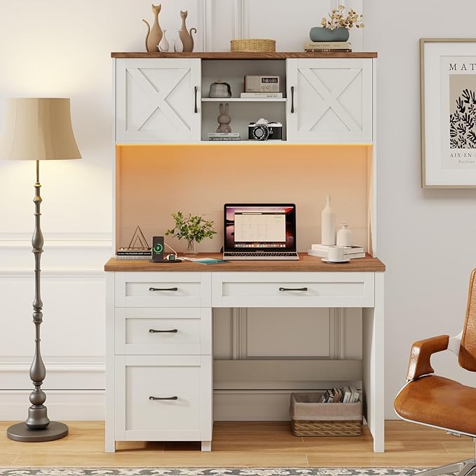 Farmhouse 67" H Executive Desk with Hutch,Office Table with 4 Drawers and LED light, Computer Desk with Storage Cabinet & File Drawers and Charging Station, Wood Workstation for Home Office and Study