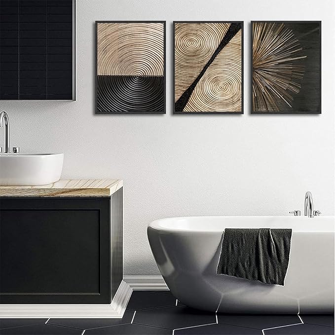 3Pcs Retro Wood grain Abstract Canvas Wall Art Minimalist Black Golden Line Texture Wall Decor Pictures Neutral Geometric Beige Brown Poster Prints for Living Room Bedroom Home Decoration 12x16in