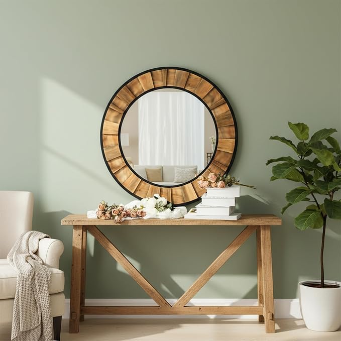 ZIYOO Round Wood Mirror 30", Metal & Wooden Frame Decorative Wall Mirror for Bathroom Vanity, Bedroom Living Room Entryway (Wood and Metal,30")