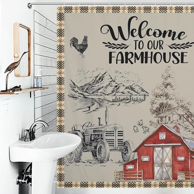 Farmhouse Animal Cabin Shower Curtains Rustic Plaid Buffalo Barn Rooster Waterproof Shower Curtains for Bathroom Decor 12 Pack Hooks 72x72in (183x183cm)