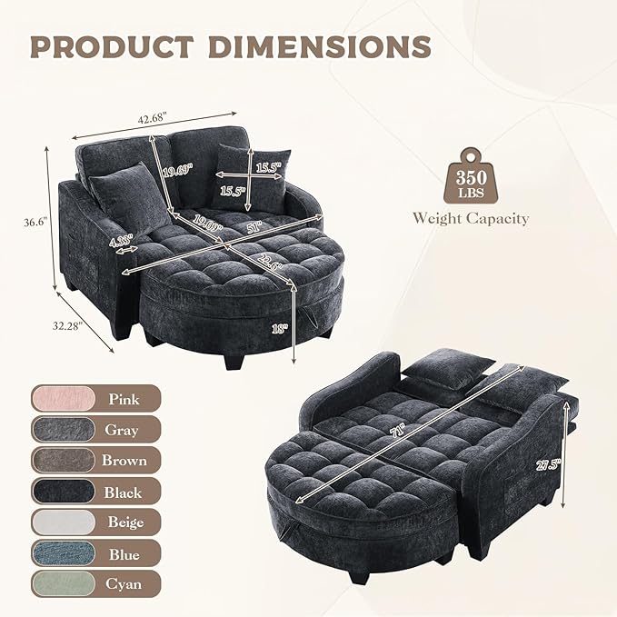 Oversized Curved Chaise Lounge Chair Indoor with Ottoman, 54.8" Cloud Boneless Reading Chair Soft Chenille Circle Couch w/Adjustable Backrest for Living Room, Apartroom, Bedroom, Black